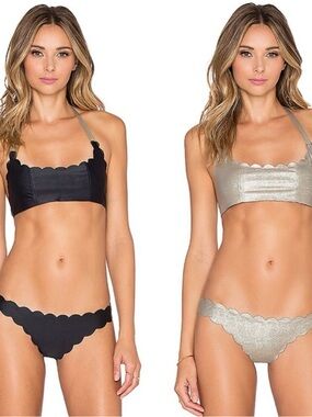 NWT PILYQ Oro Metallic Scalloped Reversible Bikini Bottom L Teeny Seamless Wave